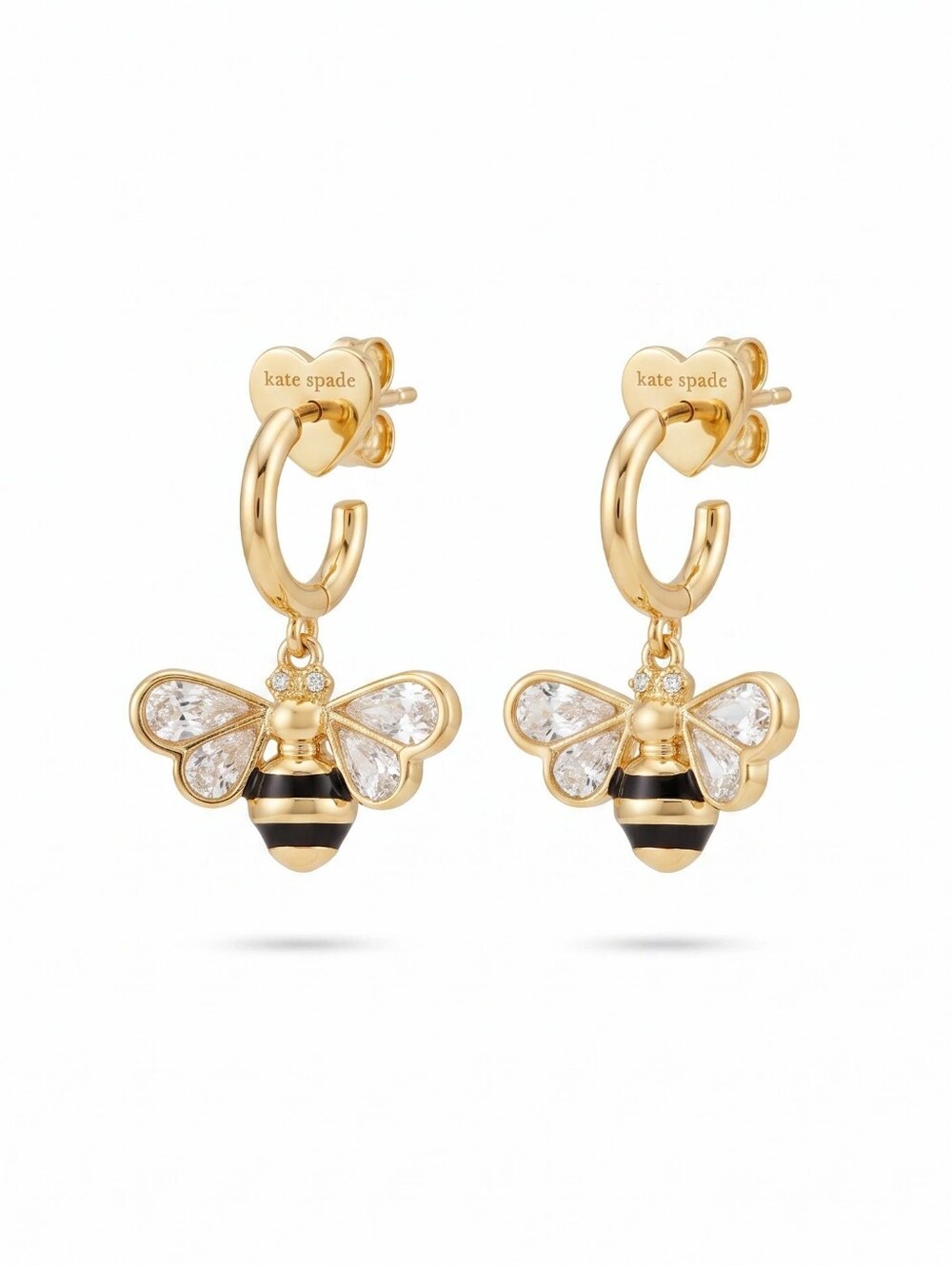 kate spade Gold Bee Hoop Earrings with Black Stripes and Crystal Wings